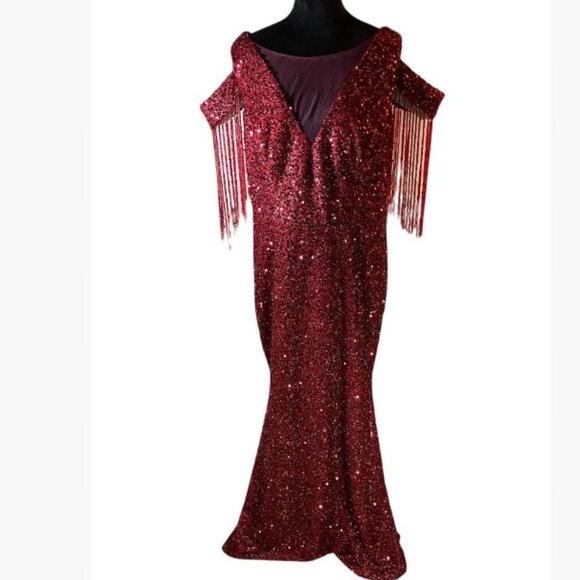 Unbranded Dresses & Skirts - Unbranded Red Sequin Gown with V-Neck Illusion Front and V-Neck Back Size 18 EUC